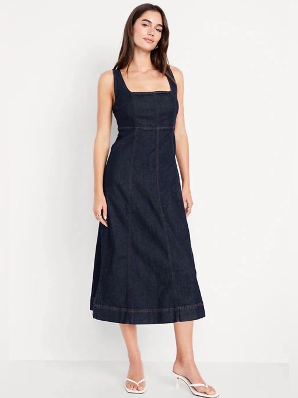 Old Navy Square-Neck Sleeveless Dark Denim Midi Dress Size-Small Minimalist Prep